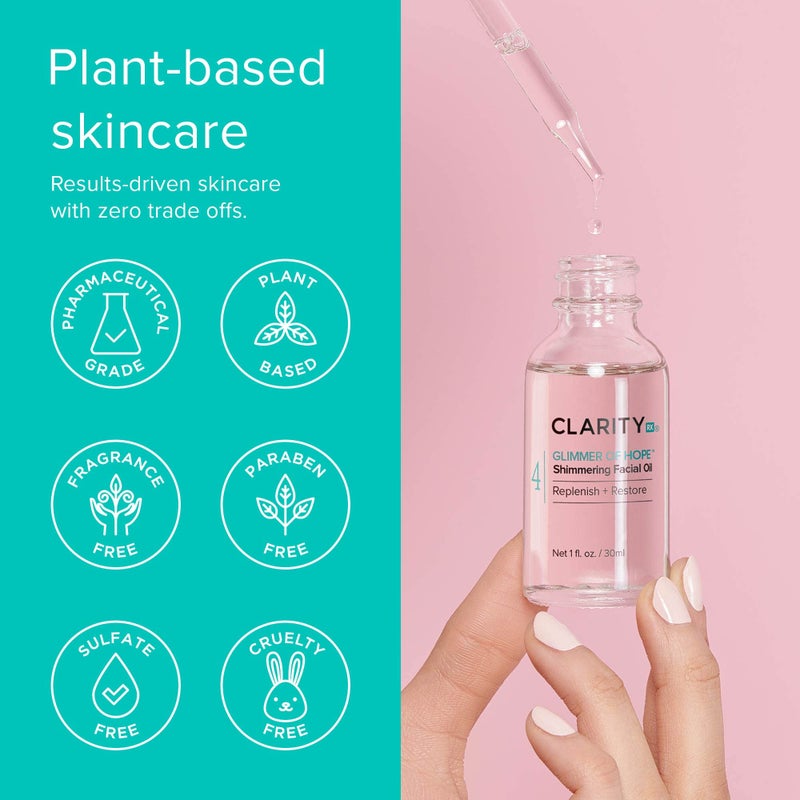 ClarityRx Glimmer of Hope Shimmering Restorative Face Oil, Natural Plant-Based Moisturizing Facial Treatment with Coconut, Rose & Jojoba for Dry & Aging Skin (1 fl oz) - Image 5