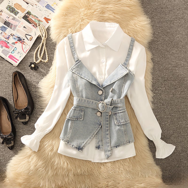 2024 spring new vintage two-piece long sleeve shirt suspender tube top belt Denim vest suit Blue vest + white shirt [two-piece set]
