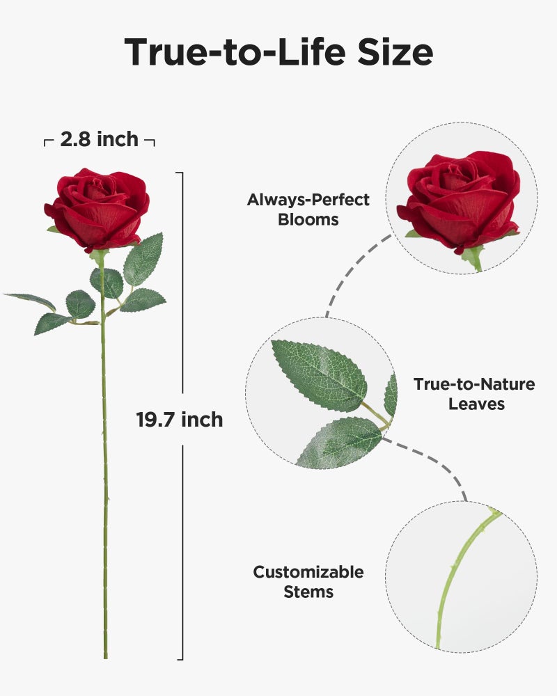 InnoGear 50 Pcs Red Roses Artificial Flowers, Fake Velvet Silk Rose Bulk Faux Flower for Valentine's Gift Decoration DIY Wedding Centerpieces Proposal Bridal Bouquets Party Floral Decor (50, Red) - Image 2
