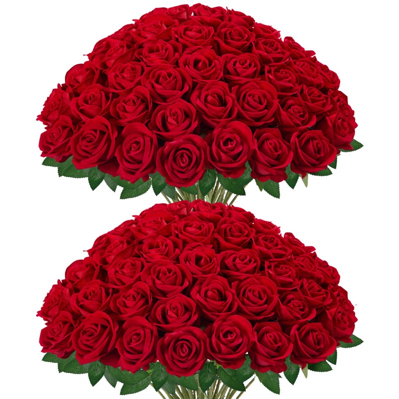 InnoGear 50 Pcs Red Roses Artificial Flowers, Fake Velvet Silk Rose Bulk Faux Flower for Valentine's Gift Decoration DIY Wedding Centerpieces Proposal Bridal Bouquets Party Floral Decor (50, Red) - Image 1