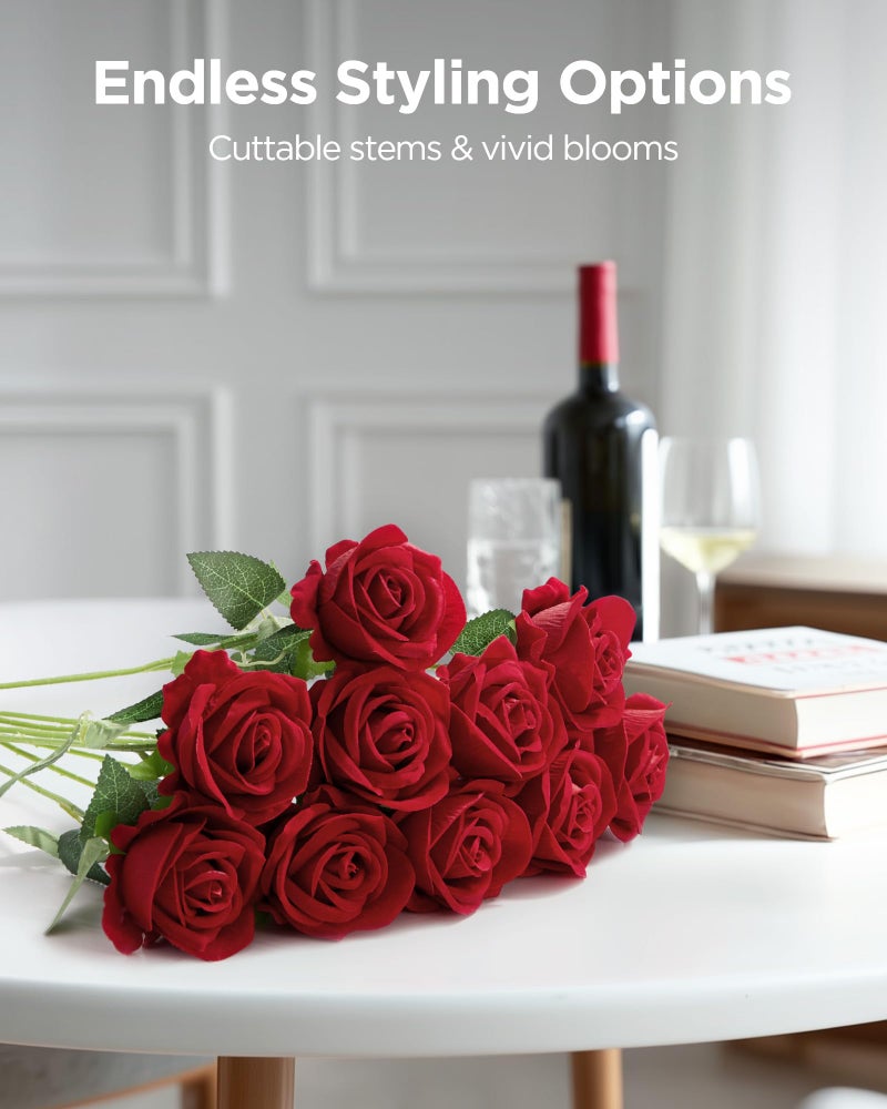 InnoGear 50 Pcs Red Roses Artificial Flowers, Fake Velvet Silk Rose Bulk Faux Flower for Valentine's Gift Decoration DIY Wedding Centerpieces Proposal Bridal Bouquets Party Floral Decor (50, Red) - Image 3