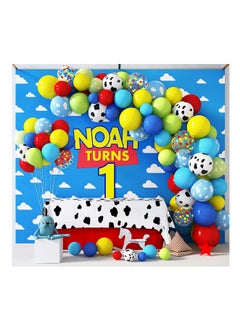 KASTWAVE KASTWAVE 134Pcs Toy Inspired Story Balloons Arch Garland Kit, Cow Pattern Cloud Yellow Red Blue Green Confetti Latex Balloons for Kids Toy Inspired Story Theme Birthday Party Supplies Decorations  - Image 1