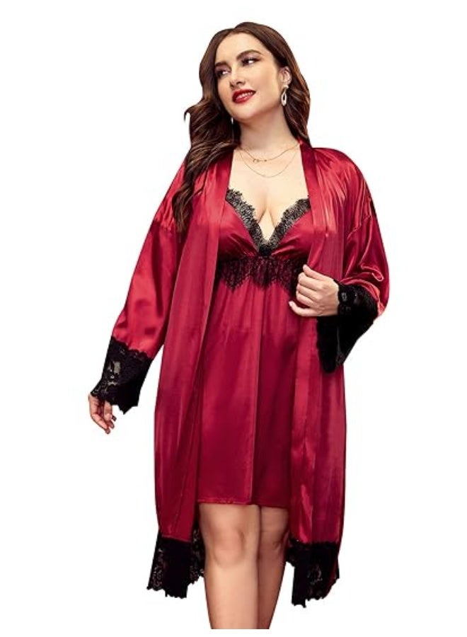 Lingerie set: nightgown and satin robe decorated with black festoon - Image 3