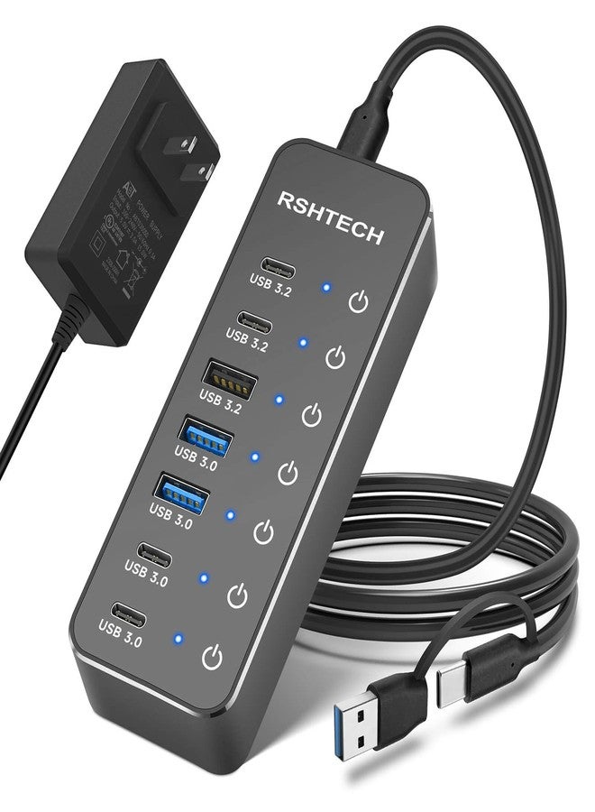 RSHTECH 7-Port Powered USB 3.2/USB-C Hub Splitter with 3 x 10Gbps USB-3.2 Ports (2C + 1A),4 USB-3.0 Ports (2C + 2A), 3.3ft Cable, Touch Switches, and 5V Power Adapter for Laptop PC - Image 1