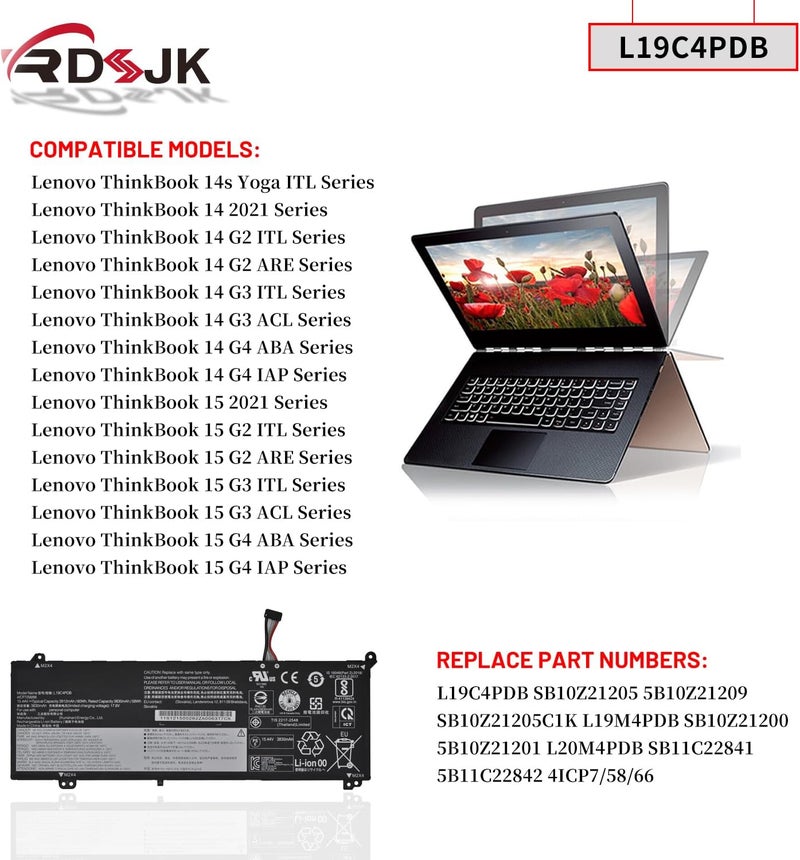 L19M4PDB L19C4PDB Laptop Battery for Lenovo ThinkBook 14s Yoga ITL ThinkBook 14 2021 G2 ITL ARE 14 G3 ITL ACL G4 ABA IAP 15 G2 ARE ITL G3 ACL ITL G4 IAP ABA Series 5B10Z21201 5B10Z21209 15.36V 60Wh - Image 3