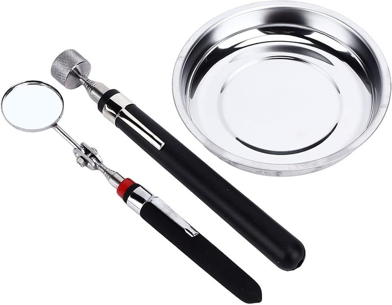 Round Stainless Steel Parts Tray Set with Pick Up Tool Telescoping Mirror and 1200 Gauss Magnet for Garage Workshop - Image 4