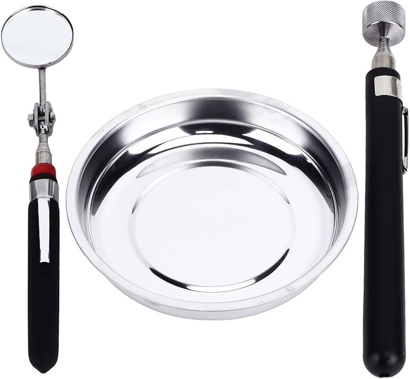Round Stainless Steel Parts Tray Set with Pick Up Tool Telescoping Mirror and 1200 Gauss Magnet for Garage Workshop - Image 1
