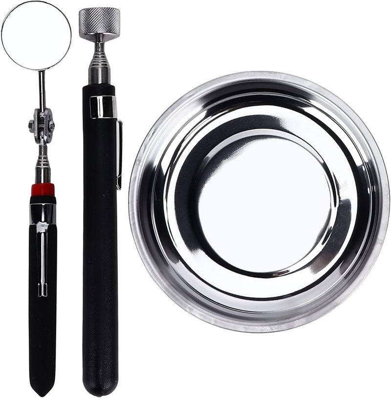 Round Stainless Steel Parts Tray Set with Pick Up Tool Telescoping Mirror and 1200 Gauss Magnet for Garage Workshop - Image 3