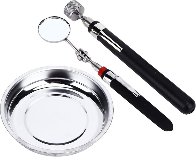 Round Stainless Steel Parts Tray Set with Pick Up Tool Telescoping Mirror and 1200 Gauss Magnet for Garage Workshop - Image 5