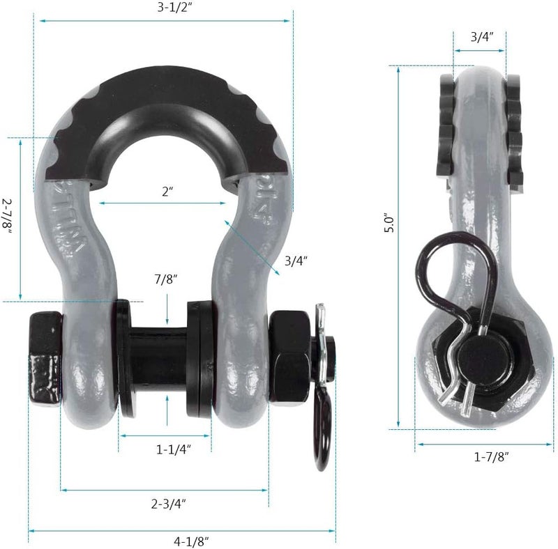 AMBULL Shackles 3/4 Inch D Ring Shackle (2 Pack) 45,000lb Break Strength with 7/8 Inch Pin, Isolator and Washer Kits for Use with Tow Strap, Winch, Off-Road Jeep Truck Vehicle Recovery, Grey - Image 3