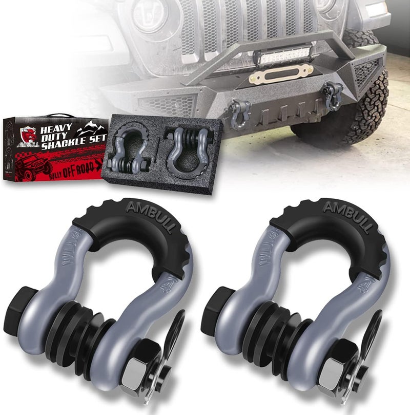 AMBULL Shackles 3/4 Inch D Ring Shackle (2 Pack) 45,000lb Break Strength with 7/8 Inch Pin, Isolator and Washer Kits for Use with Tow Strap, Winch, Off-Road Jeep Truck Vehicle Recovery, Grey - Image 1