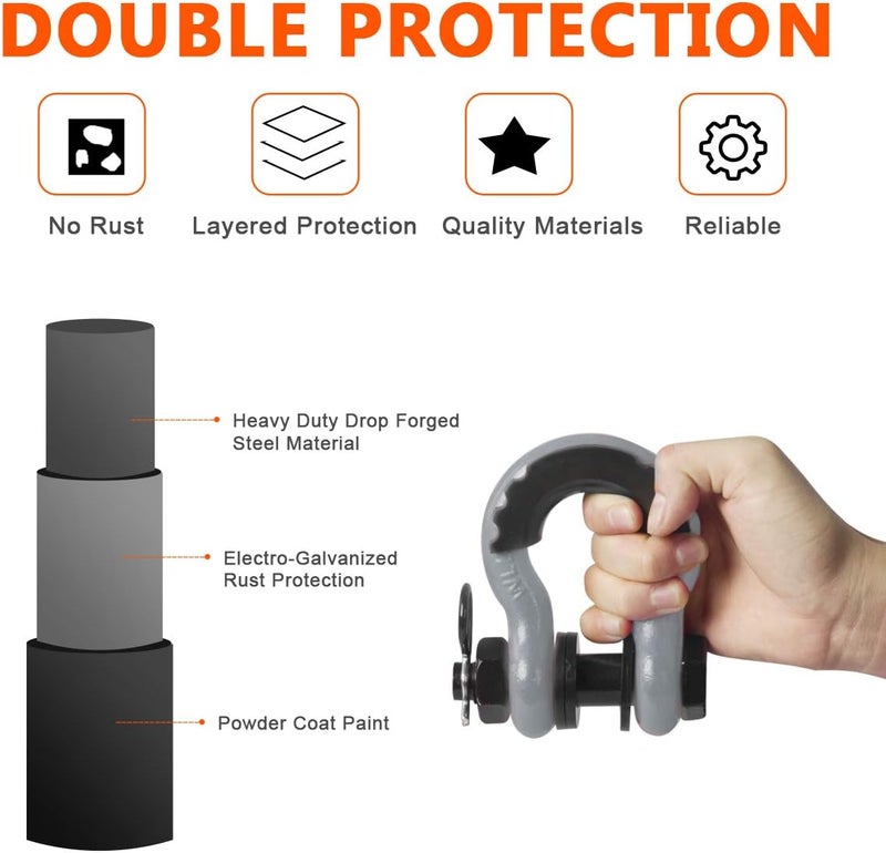 AMBULL Shackles 3/4 Inch D Ring Shackle (2 Pack) 45,000lb Break Strength with 7/8 Inch Pin, Isolator and Washer Kits for Use with Tow Strap, Winch, Off-Road Jeep Truck Vehicle Recovery, Grey - Image 4