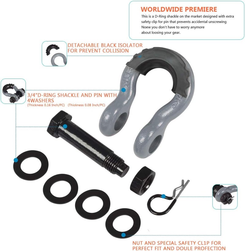 AMBULL Shackles 3/4 Inch D Ring Shackle (2 Pack) 45,000lb Break Strength with 7/8 Inch Pin, Isolator and Washer Kits for Use with Tow Strap, Winch, Off-Road Jeep Truck Vehicle Recovery, Grey - Image 5