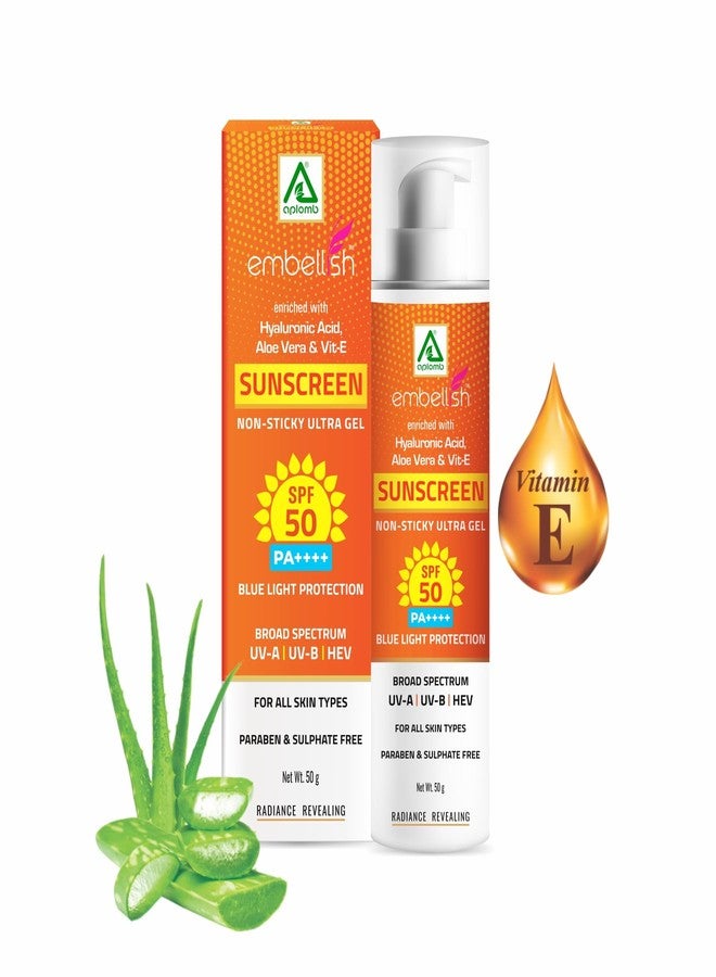 Aplomb Embellish Sunscreen Ultra Gel SPF-50 PA++++ for Even Toned & Glowing Skin with Blue Light Protection, Broad Spectrum for All Skin Types, UV-A, UV-B & HEV Protection (Pack of 1) 50G - Image 1