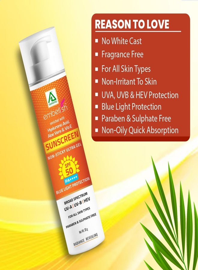 Aplomb Embellish Sunscreen Ultra Gel SPF-50 PA++++ for Even Toned & Glowing Skin with Blue Light Protection, Broad Spectrum for All Skin Types, UV-A, UV-B & HEV Protection (Pack of 1) 50G - Image 4