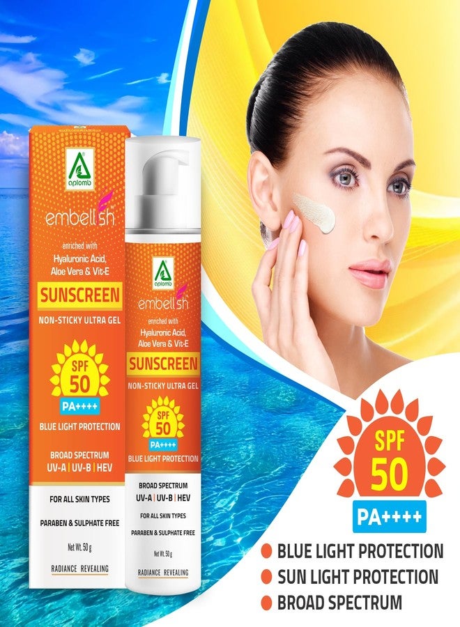 Aplomb Embellish Sunscreen Ultra Gel SPF-50 PA++++ for Even Toned & Glowing Skin with Blue Light Protection, Broad Spectrum for All Skin Types, UV-A, UV-B & HEV Protection (Pack of 1) 50G - Image 2