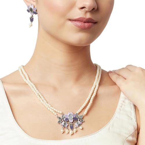 VOYLLA Antique Elegance Blue Enamel Mirror Detail Brass Faux Pearls Adorned Silver Toned Jewellery Set - Image 3