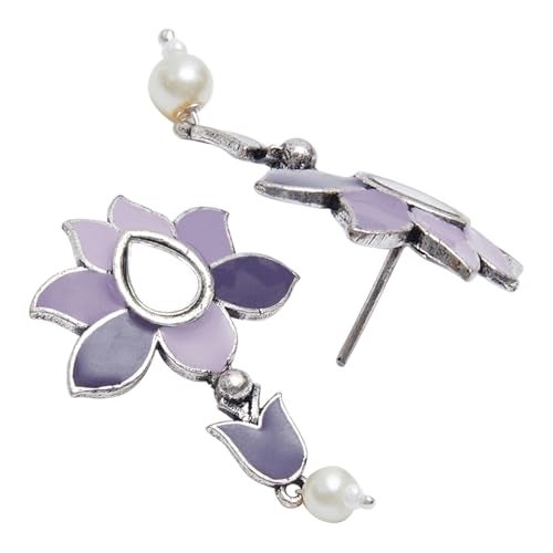 VOYLLA Antique Elegance Blue Enamel Mirror Detail Brass Faux Pearls Adorned Silver Toned Jewellery Set - Image 5