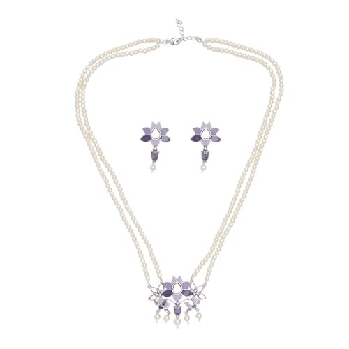 VOYLLA Antique Elegance Blue Enamel Mirror Detail Brass Faux Pearls Adorned Silver Toned Jewellery Set - Image 4