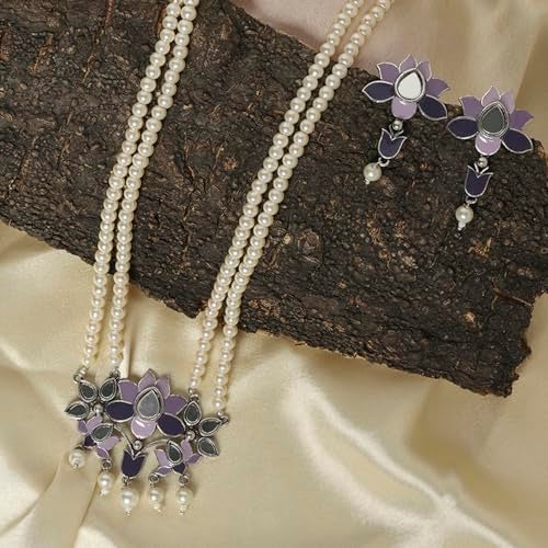 VOYLLA Antique Elegance Blue Enamel Mirror Detail Brass Faux Pearls Adorned Silver Toned Jewellery Set - Image 2