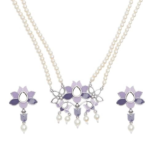 VOYLLA Antique Elegance Blue Enamel Mirror Detail Brass Faux Pearls Adorned Silver Toned Jewellery Set - Image 1