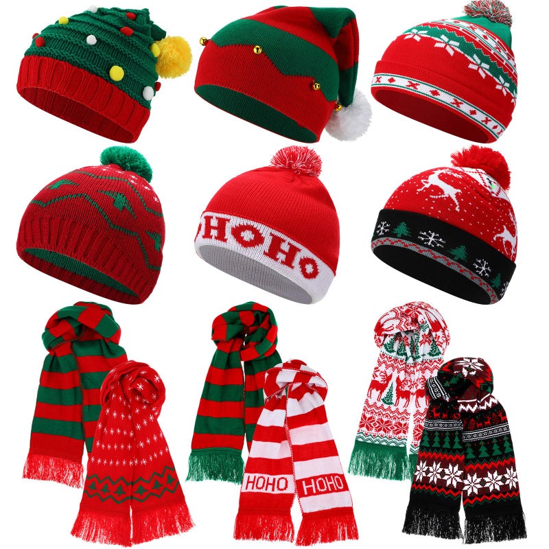 Liitrsh 12 Pcs Christmas Knitted Beanies and Scarf Set Xmas Santa Hat with Pom Warm Skull Cap for Adult Teens Elk