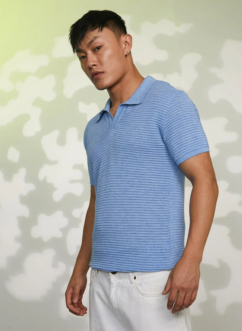 Campus Sutra Men's Cornflower Blue Horizontal-Textured Polo T-Shirt