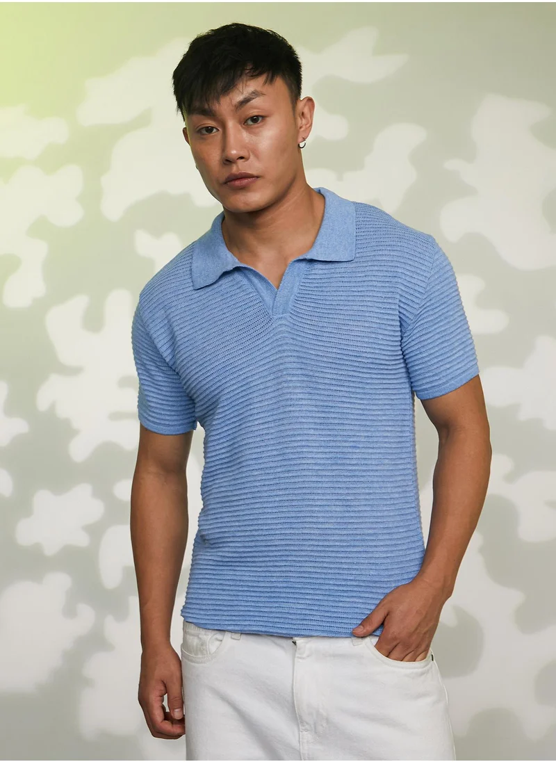 Campus Sutra Men's Cornflower Blue Horizontal-Textured Polo T-Shirt