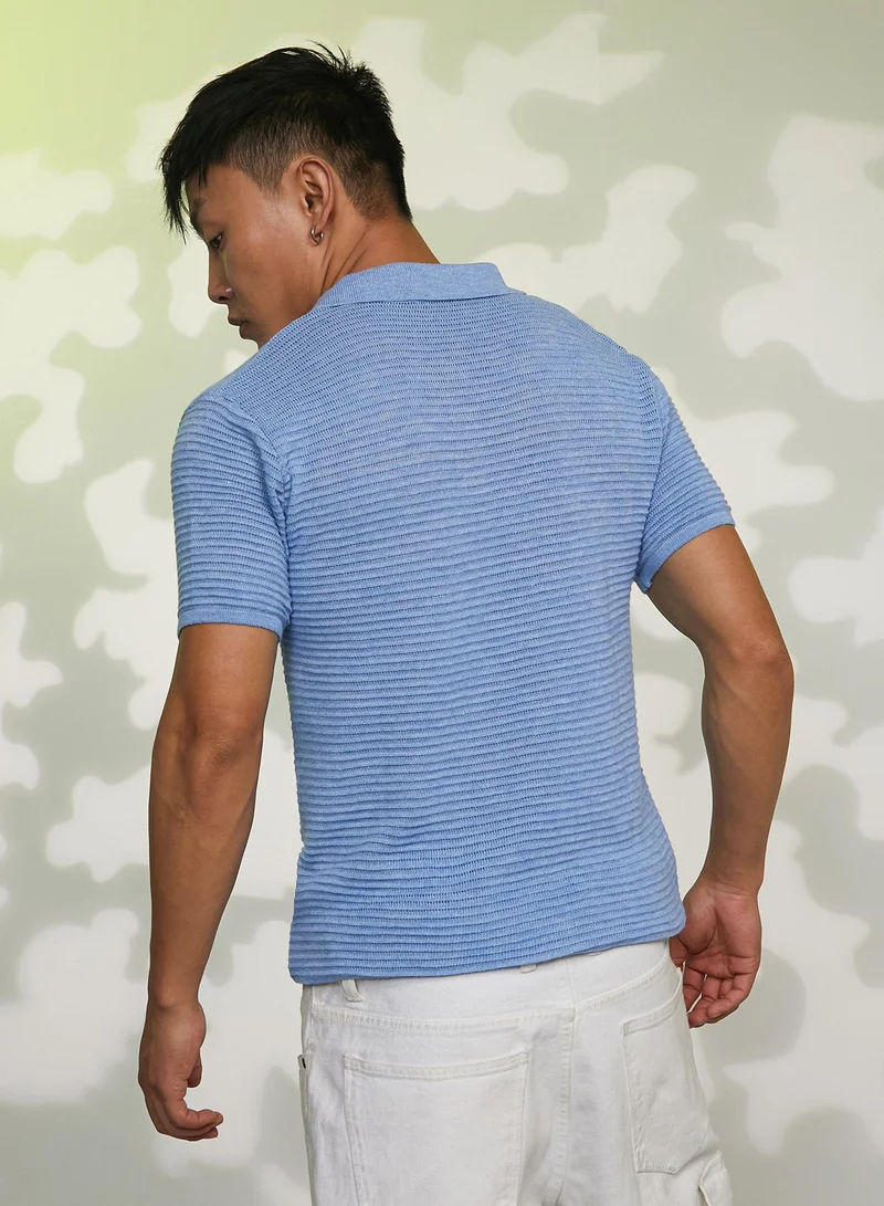 Campus Sutra Men's Cornflower Blue Horizontal-Textured Polo T-Shirt