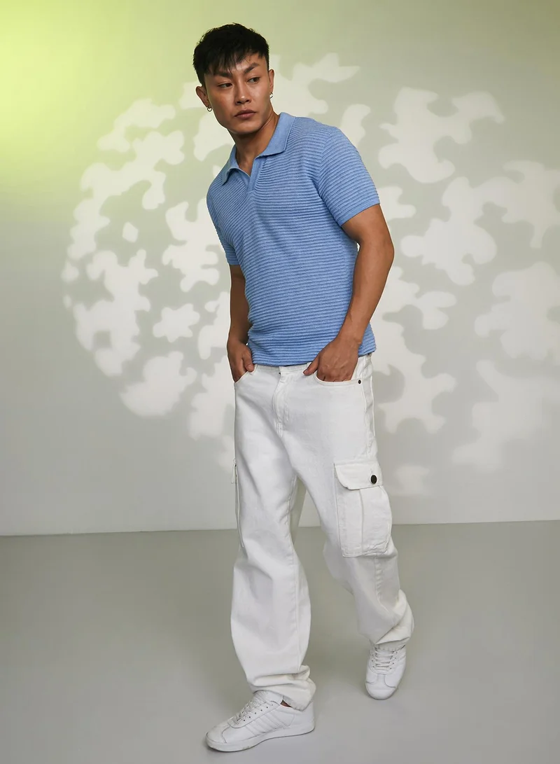 Campus Sutra Men's Cornflower Blue Horizontal-Textured Polo T-Shirt