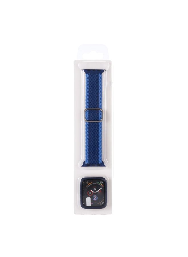 BURAQ Protective Cover Adjustable Striped Woven Nylon Watch Band + Watch Case Set For Apple Watch Series 7 45mm/6&SE&5&4 44mm/3&2&1 42mm(Blue)