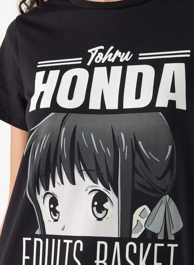 SP Characters Fruits Basket Tohru Honda Print T-shirt with Crew Neck and Short Sleeves