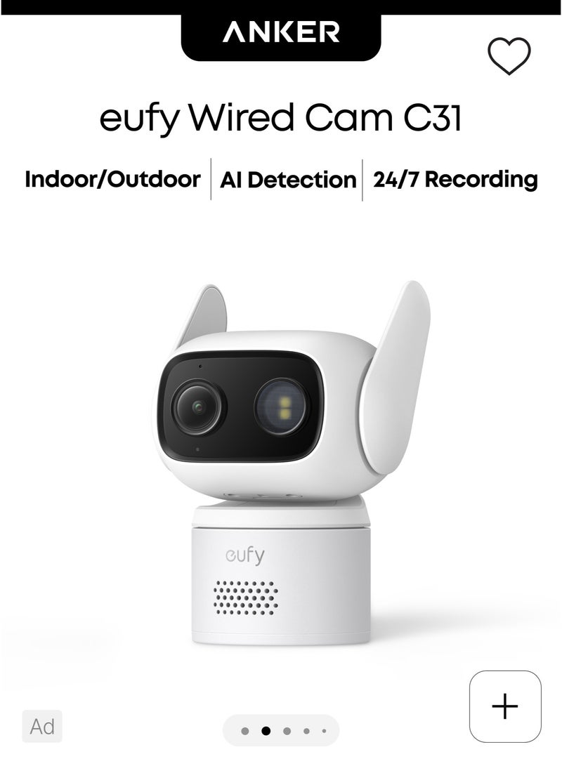 eufy Wired Cam C31,360° Pan/Tilt,Outdoor Camera,Indoor Cameras House Security,Dual Antenna,Colour Night Vision,Subscription-Free On-Device Storage,AI People/Vehicle/Pet/Crying Detection,24/7 Recording - Image 1