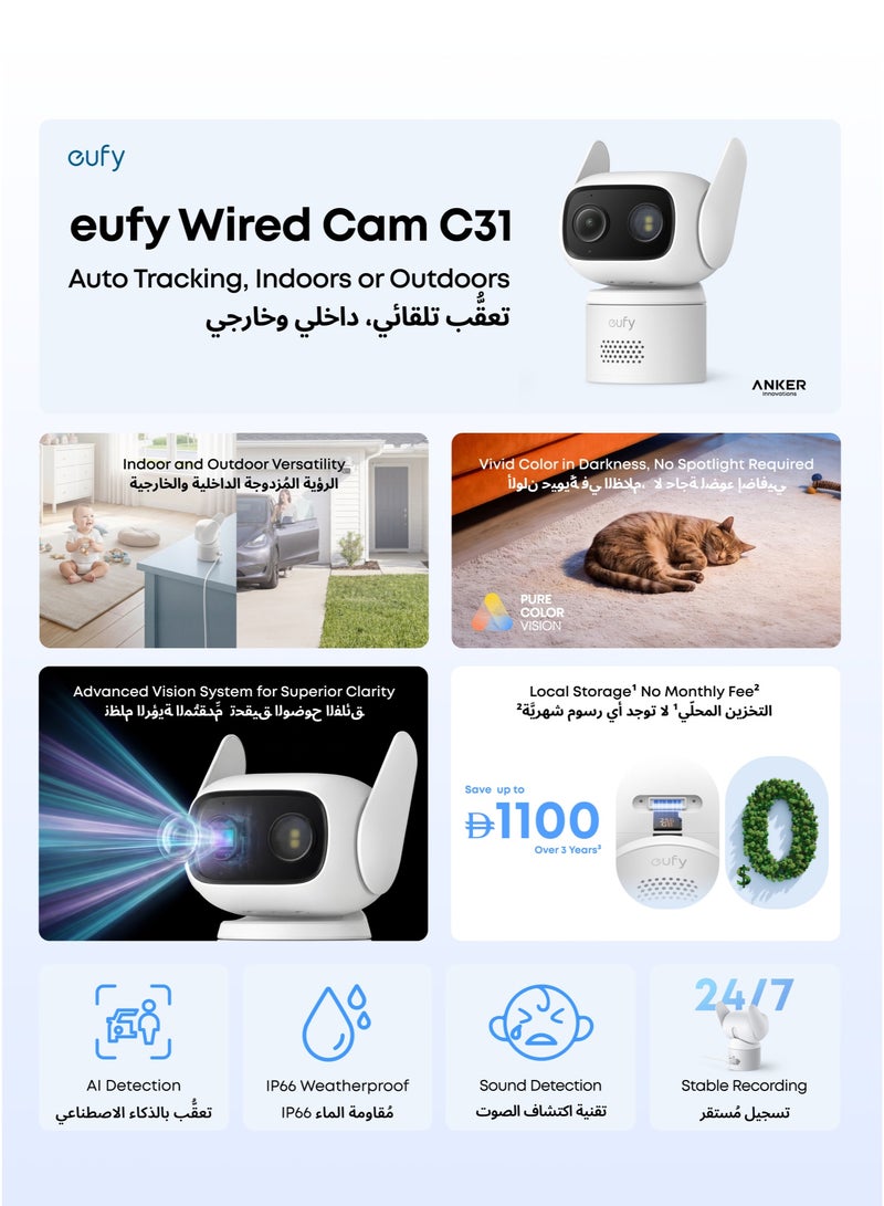 eufy Wired Cam C31,360° Pan/Tilt,Outdoor Camera,Indoor Cameras House Security,Dual Antenna,Colour Night Vision,Subscription-Free On-Device Storage,AI People/Vehicle/Pet/Crying Detection,24/7 Recording - Image 2
