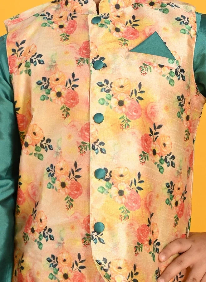 Saka Designs Boys Kurta Set With Jacket, Green & Floral
