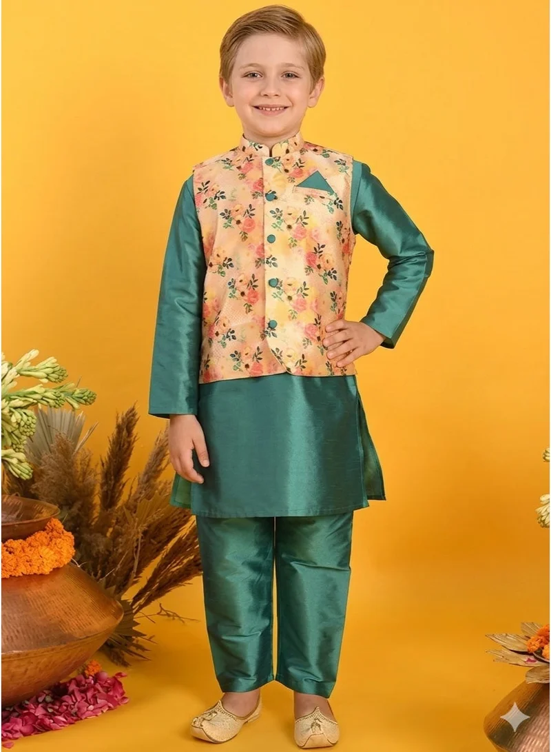Saka Designs Boys Kurta Set With Jacket, Green & Floral
