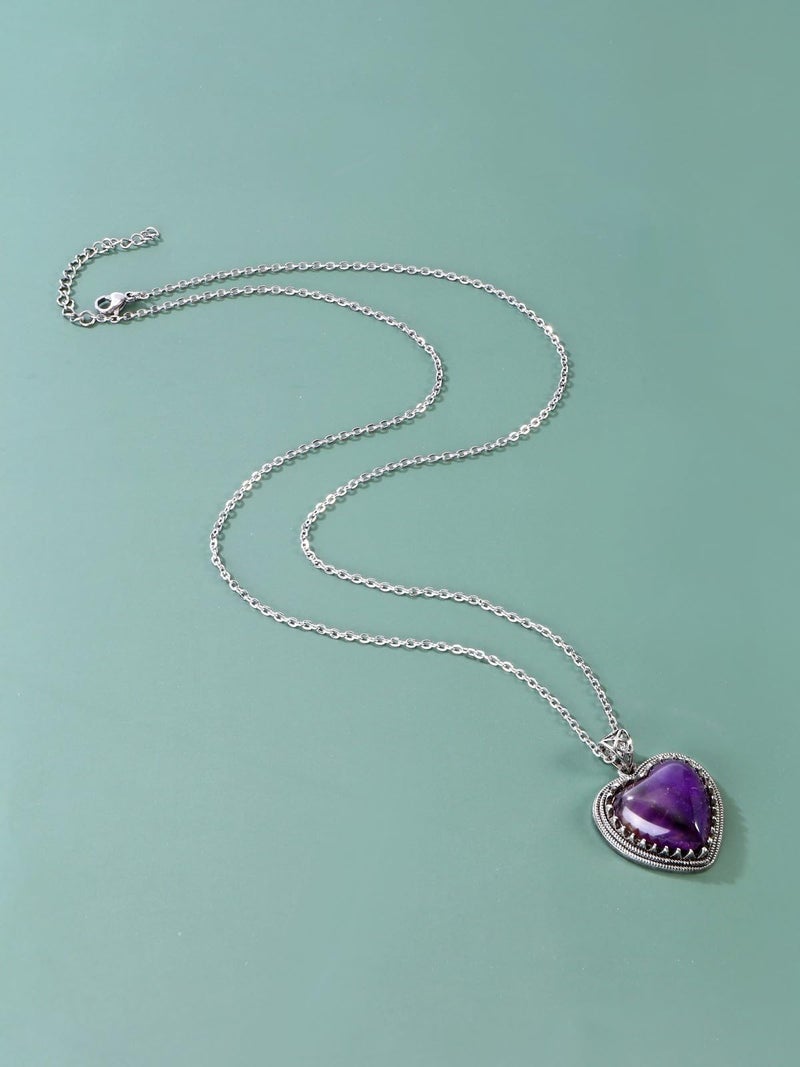 Top Plaza Amethyst Crystal Heart Pendant Necklaces for Women Retro Natural Healing Crystals Gemstone Necklace Purple Jewelry Gifts for Mom - Image 3
