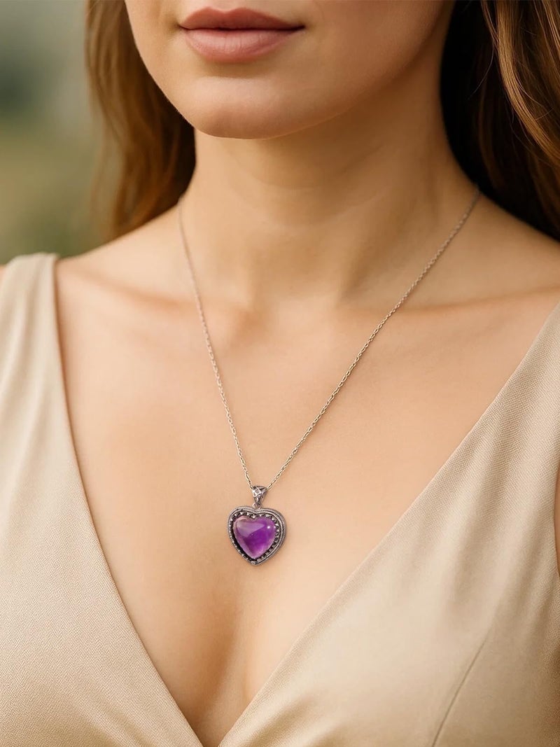 Top Plaza Amethyst Crystal Heart Pendant Necklaces for Women Retro Natural Healing Crystals Gemstone Necklace Purple Jewelry Gifts for Mom - Image 4