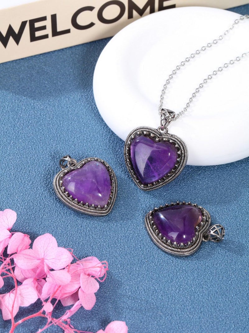 Top Plaza Amethyst Crystal Heart Pendant Necklaces for Women Retro Natural Healing Crystals Gemstone Necklace Purple Jewelry Gifts for Mom - Image 5