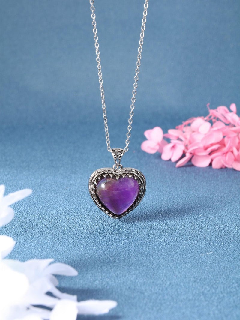Top Plaza Amethyst Crystal Heart Pendant Necklaces for Women Retro Natural Healing Crystals Gemstone Necklace Purple Jewelry Gifts for Mom - Image 2