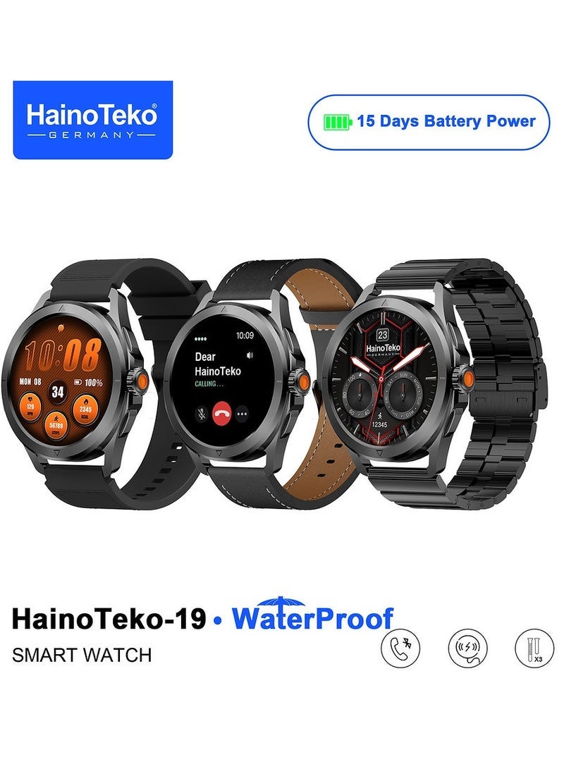Haino Teko HainoTeko-19 Waterproof Smart Watch Large Screen AMOLED Display Smart Watch With 3 Pair Straps Charging Cable and 15 Days Battery Life Designed for Men Black - Image 1