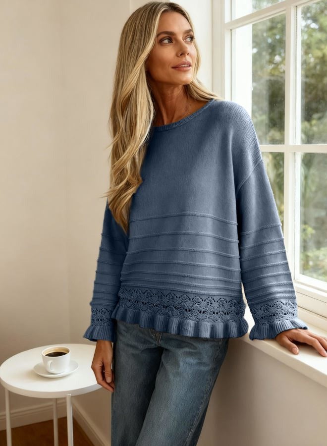 Yeokou Womens Pullover Sweater Round Neck Ruffled Hem Knit Crochet Long Sleeve Fall Winter Casual Top Outfits, Bluegray, L - Image 2