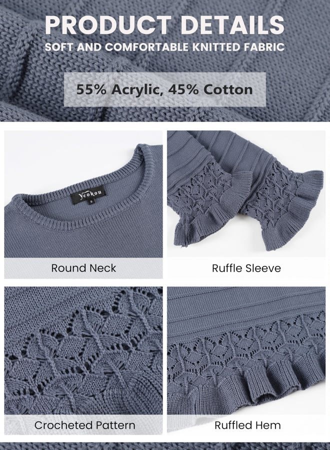 Yeokou Womens Pullover Sweater Round Neck Ruffled Hem Knit Crochet Long Sleeve Fall Winter Casual Top Outfits, Bluegray, L - Image 5
