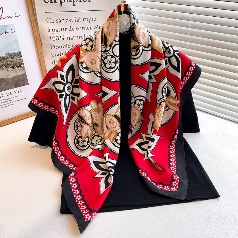 Rose Scarf Women's Twill Large Square Scarf All-match Decorative Shawl Autumn and Winter Scarf Color Matching Fashion Scarf Sunscreen  - Image 1