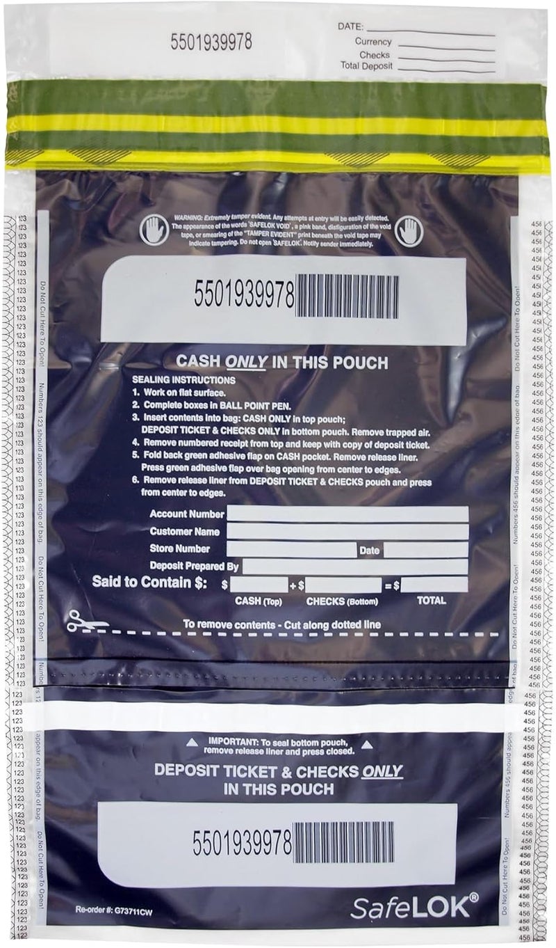 CONTROLTEK SafeLok 10" x 15", Clear,Vertical Twin Deposit, 100 Bags, Tamper-Evident Deposit Bags for Cash Handling, Moisture, Heat and Cold Sensitive Ink, Tear-off receipt + Large Barcodes 585092 - Image 1