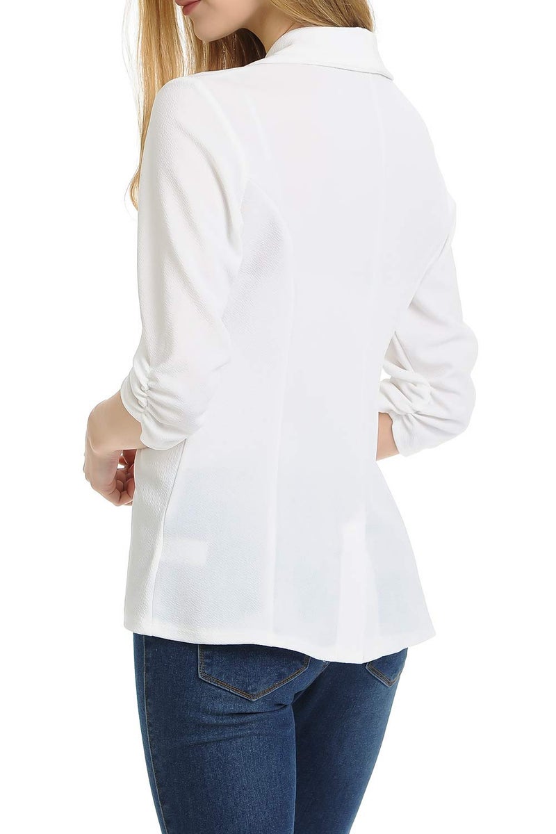 MINEFREE Women's 3/4 Ruched Sleeve Lightweight Work Office Blazer Jacket Ivory M - Image 4