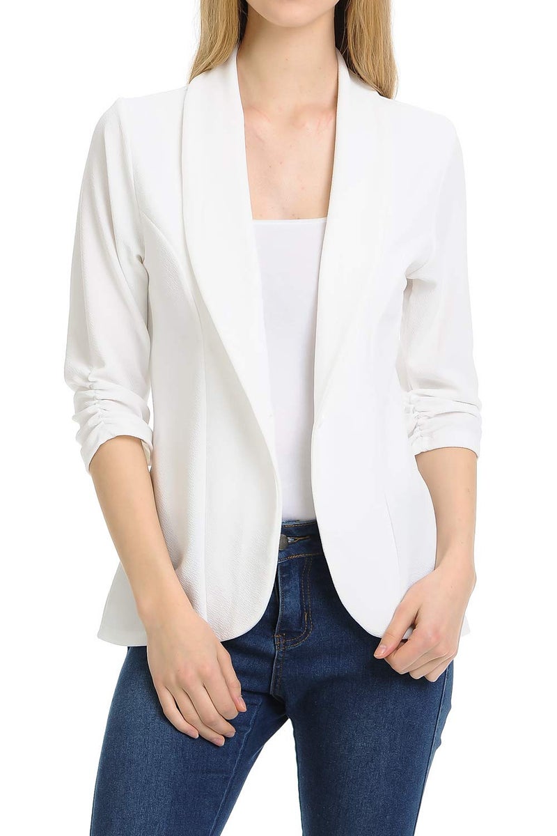 MINEFREE Women's 3/4 Ruched Sleeve Lightweight Work Office Blazer Jacket Ivory M - Image 1