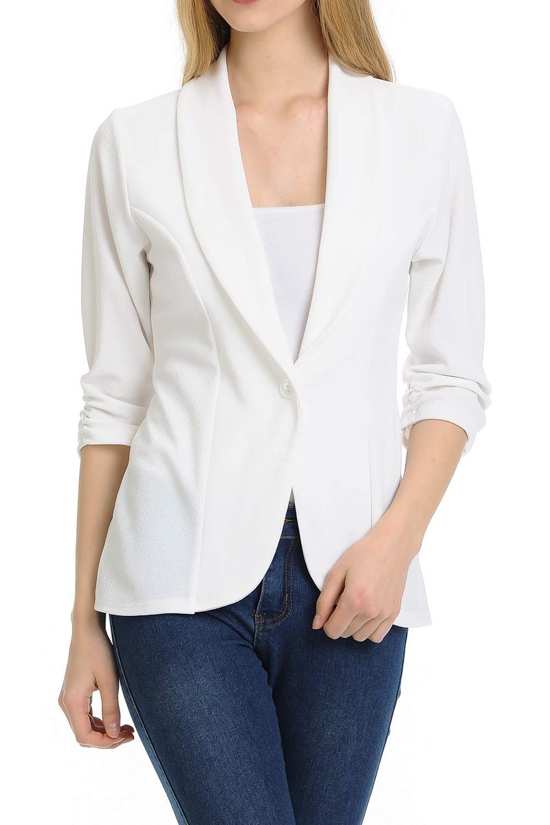 MINEFREE Women's 3/4 Ruched Sleeve Lightweight Work Office Blazer Jacket Ivory M - Image 2