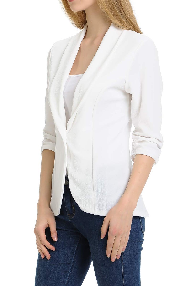 MINEFREE Women's 3/4 Ruched Sleeve Lightweight Work Office Blazer Jacket Ivory M - Image 3