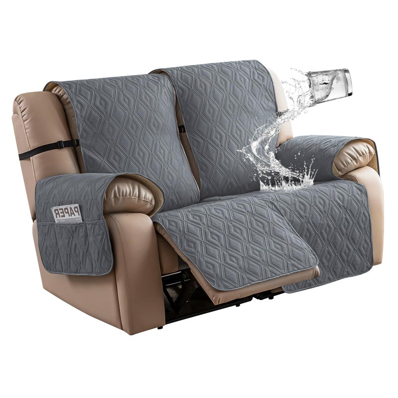 Genina Loveseat Recliner Cover NonSlip Sofa Cover for Reclining Couch 2 Seat Loveseat Covers Double Recliner Furniture Protector Cover with Elastic Straps for Pets Dark Gray Recliner Loveseat